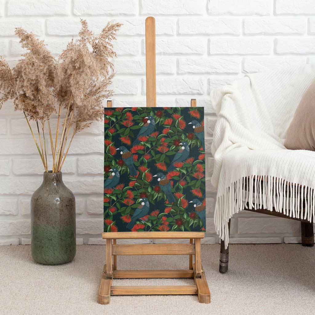 New Zealand Christmas Canvas Wall Art Romantic Tui Birds on Pohutukawa - Cobalt - Polynesian Pride
