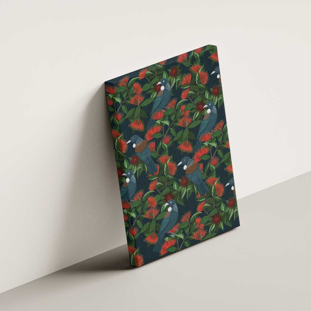 New Zealand Christmas Canvas Wall Art Romantic Tui Birds on Pohutukawa - Cobalt - Polynesian Pride
