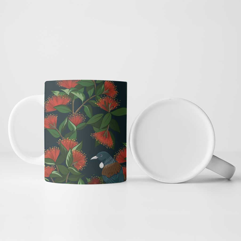 New Zealand Christmas Ceramic Mug Romantic Tui Birds on Pohutukawa - Cobalt - Polynesian Pride