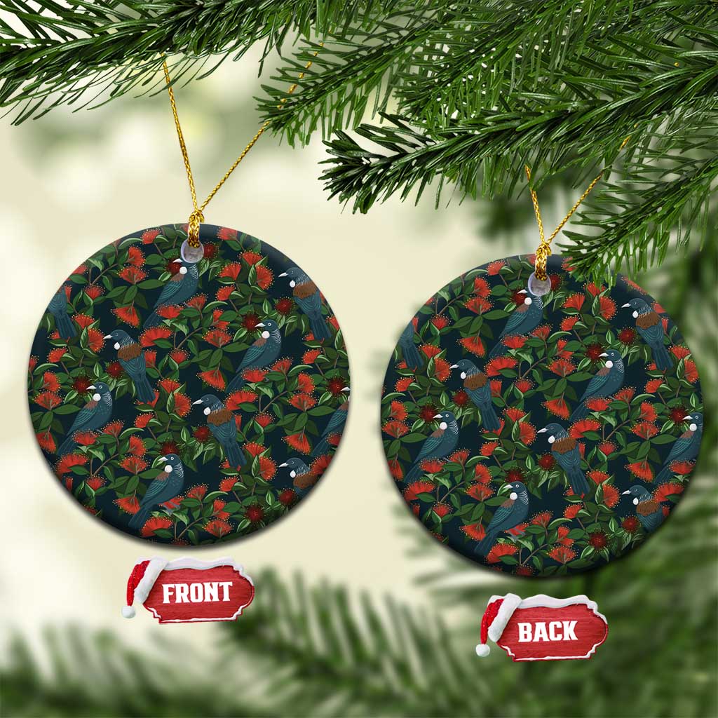 New Zealand Christmas Ceramic Ornament Romantic Tui Birds on Pohutukawa - Cobalt - Polynesian Pride