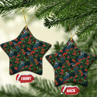 New Zealand Christmas Ceramic Ornament Romantic Tui Birds on Pohutukawa - Cobalt - Polynesian Pride