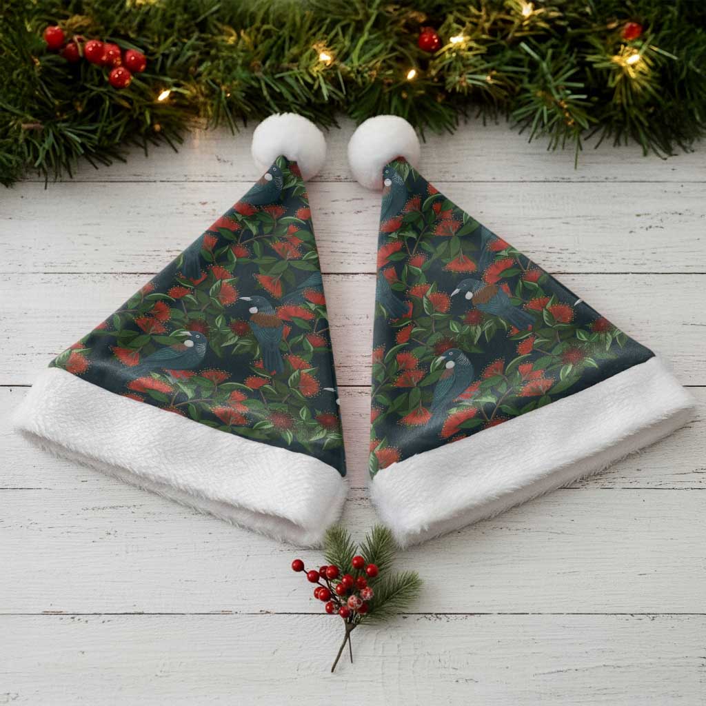 New Zealand Christmas Santa Hat Romantic Tui Birds on Pohutukawa - Cobalt - Polynesian Pride