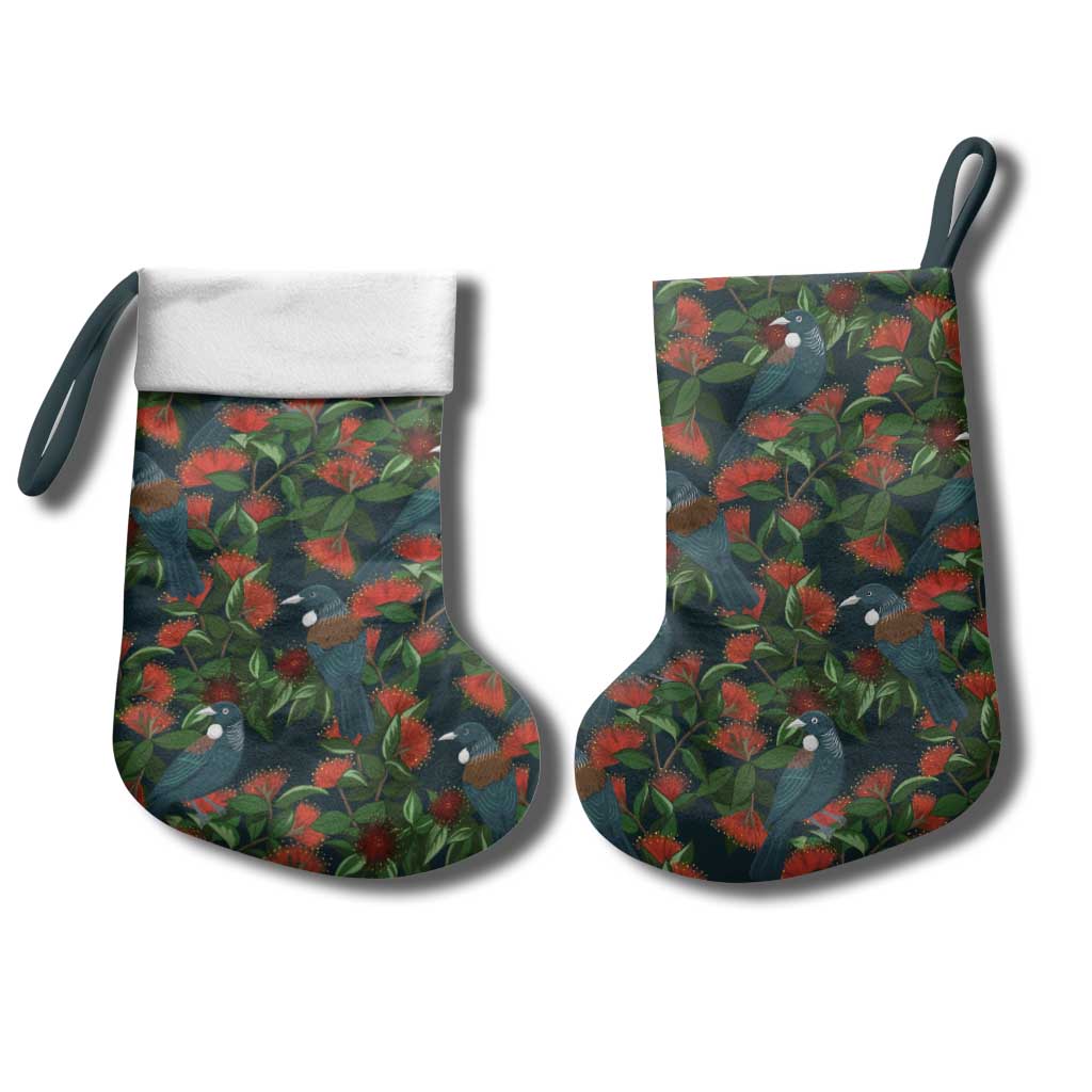 New Zealand Christmas Stocking Romantic Tui Birds on Pohutukawa - Cobalt - Polynesian Pride