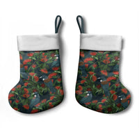 New Zealand Christmas Stocking Romantic Tui Birds on Pohutukawa - Cobalt - Polynesian Pride