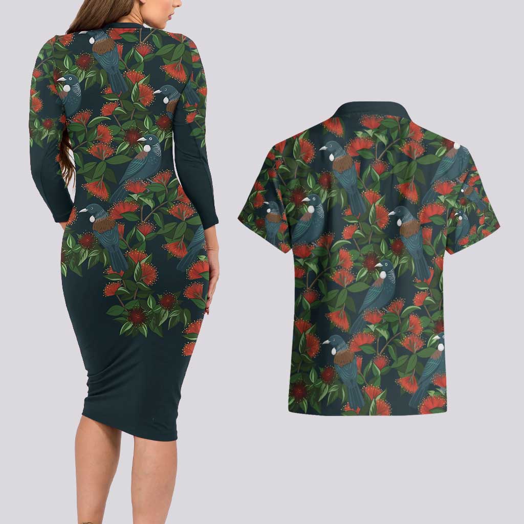New Zealand Christmas Couples Matching Long Sleeve Bodycon Dress and Hawaiian Shirt Romantic Tui Birds on Pohutukawa - Cobalt LT7 - Polynesian Pride