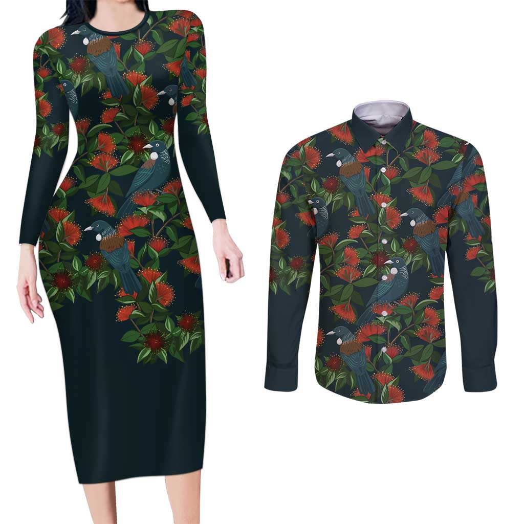 New Zealand Christmas Couples Matching Long Sleeve Bodycon Dress and Long Sleeve Button Shirt Romantic Tui Birds on Pohutukawa - Cobalt LT7 Cobalt - Polynesian Pride