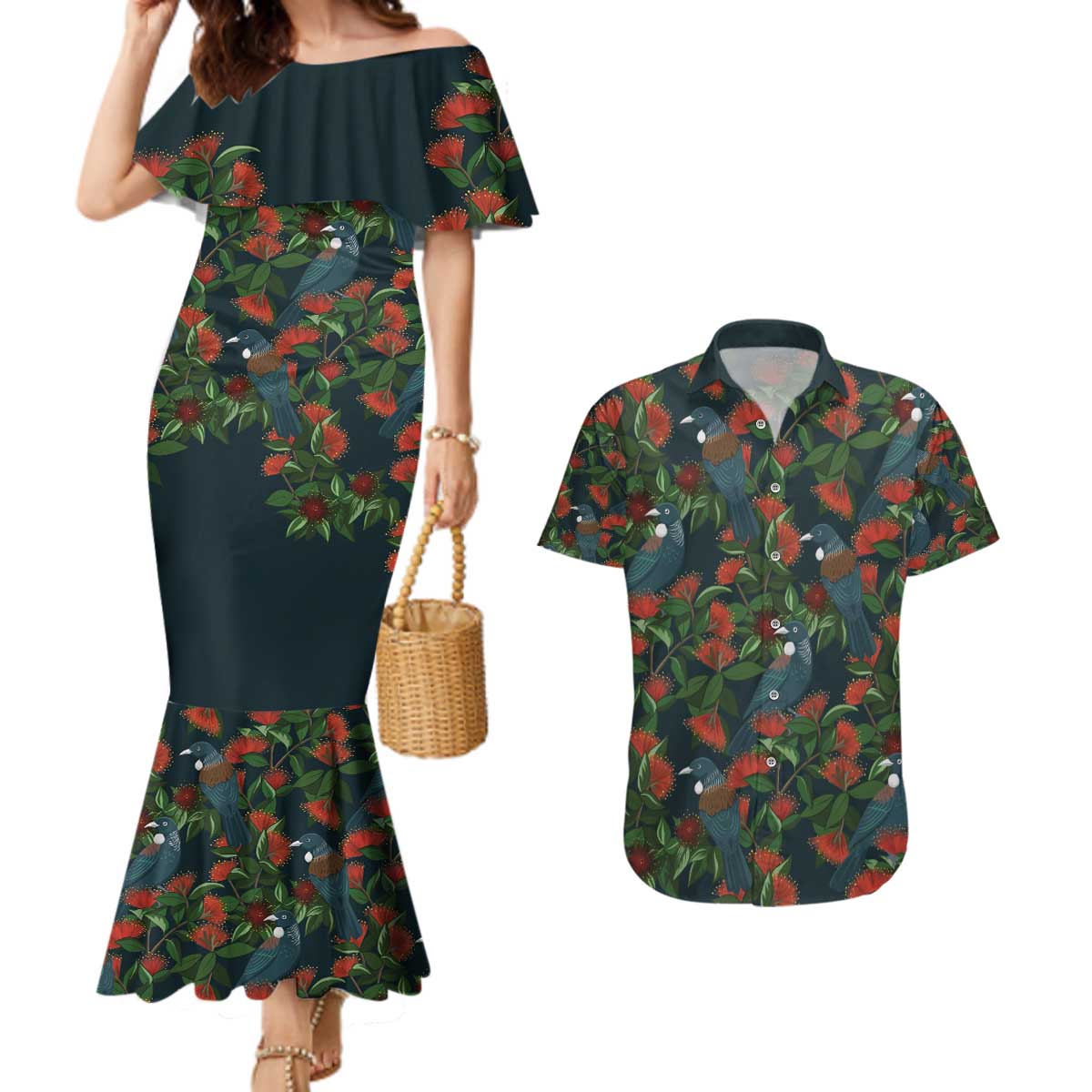 New Zealand Christmas Couples Matching Mermaid Dress and Hawaiian Shirt Romantic Tui Birds on Pohutukawa - Cobalt LT7 Cobalt - Polynesian Pride