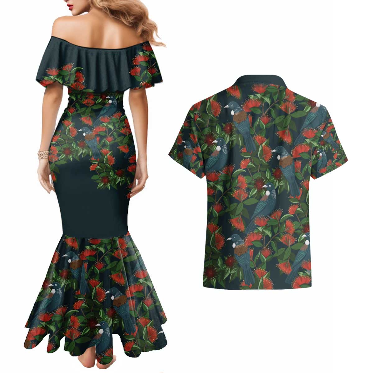 New Zealand Christmas Couples Matching Mermaid Dress and Hawaiian Shirt Romantic Tui Birds on Pohutukawa - Cobalt LT7 - Polynesian Pride