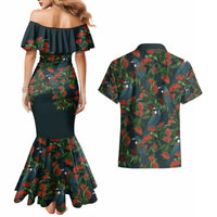 New Zealand Christmas Couples Matching Mermaid Dress and Hawaiian Shirt Romantic Tui Birds on Pohutukawa - Cobalt LT7 - Polynesian Pride