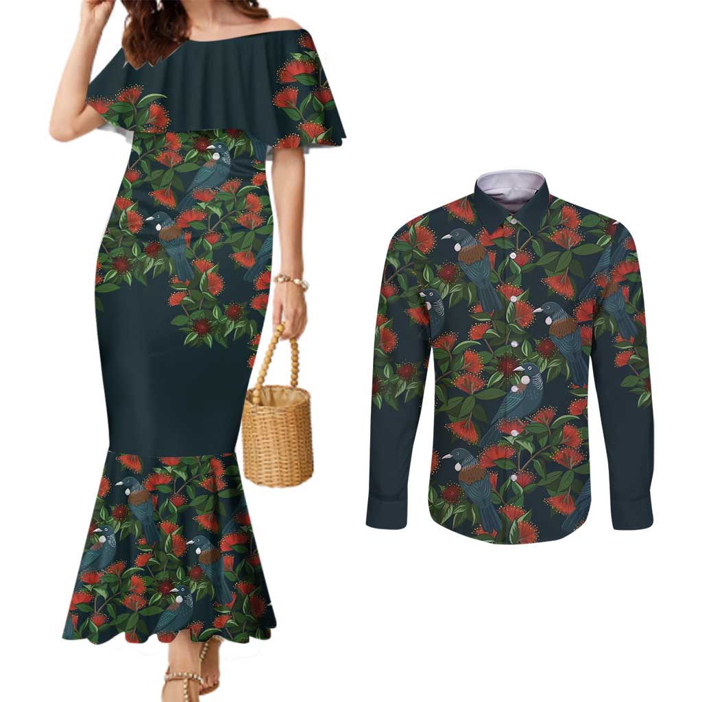 New Zealand Christmas Couples Matching Mermaid Dress and Long Sleeve Button Shirt Romantic Tui Birds on Pohutukawa - Cobalt LT7 Cobalt - Polynesian Pride