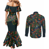 New Zealand Christmas Couples Matching Mermaid Dress and Long Sleeve Button Shirt Romantic Tui Birds on Pohutukawa - Cobalt LT7 - Polynesian Pride