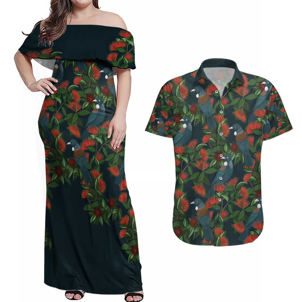 New Zealand Christmas Couples Matching Off Shoulder Maxi Dress and Hawaiian Shirt Romantic Tui Birds on Pohutukawa - Cobalt - Polynesian Pride