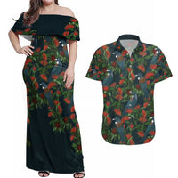 New Zealand Christmas Couples Matching Off Shoulder Maxi Dress and Hawaiian Shirt Romantic Tui Birds on Pohutukawa - Cobalt LT7 Cobalt - Polynesian Pride