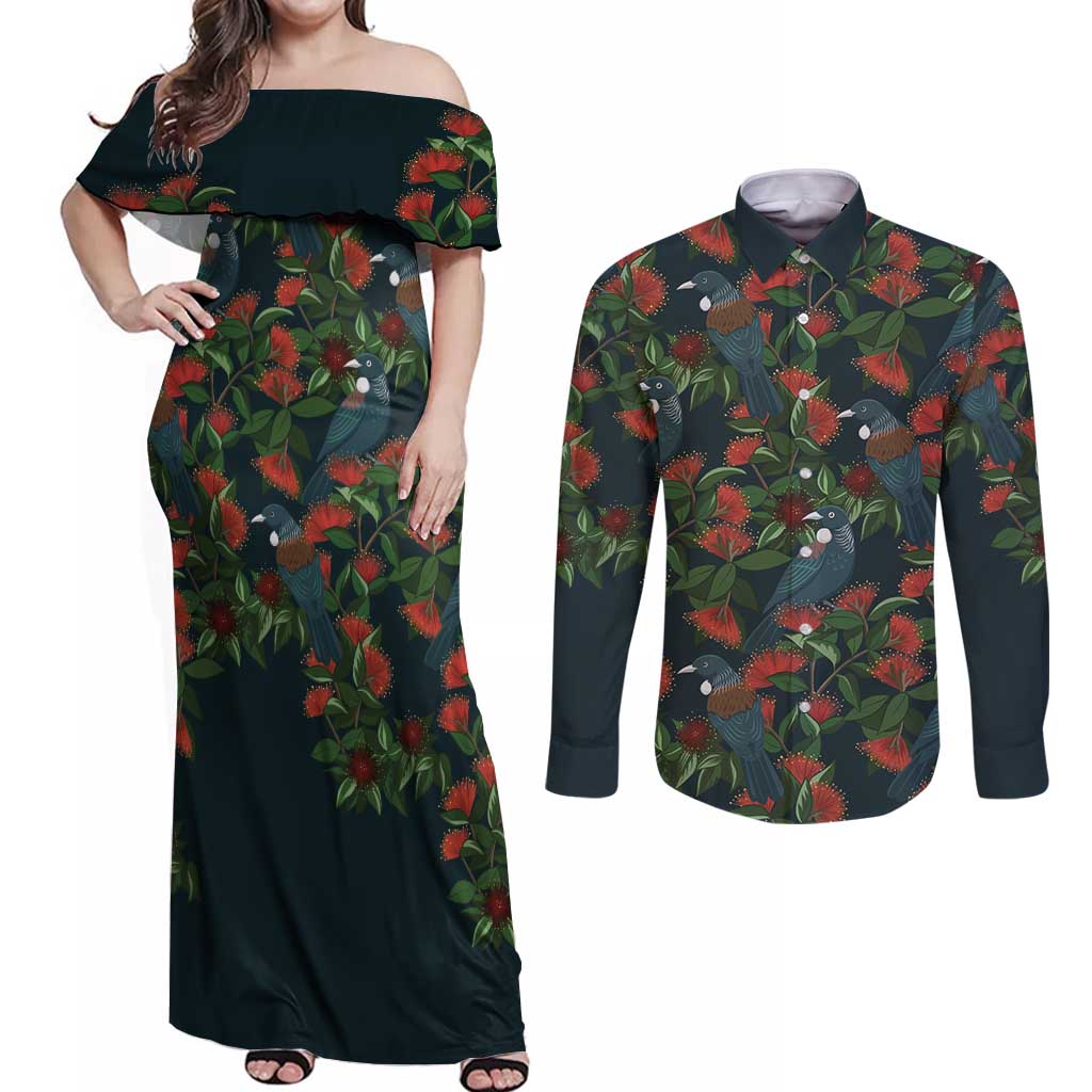 New Zealand Christmas Couples Matching Off Shoulder Maxi Dress and Long Sleeve Button Shirt Romantic Tui Birds on Pohutukawa - Cobalt LT7 Cobalt - Polynesian Pride