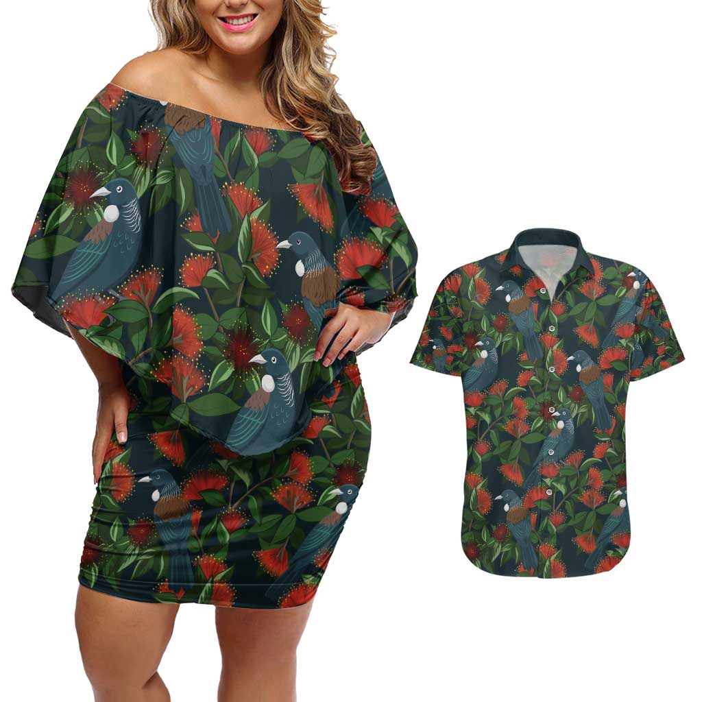 New Zealand Christmas Couples Matching Off Shoulder Short Dress and Hawaiian Shirt Romantic Tui Birds on Pohutukawa - Cobalt - Polynesian Pride
