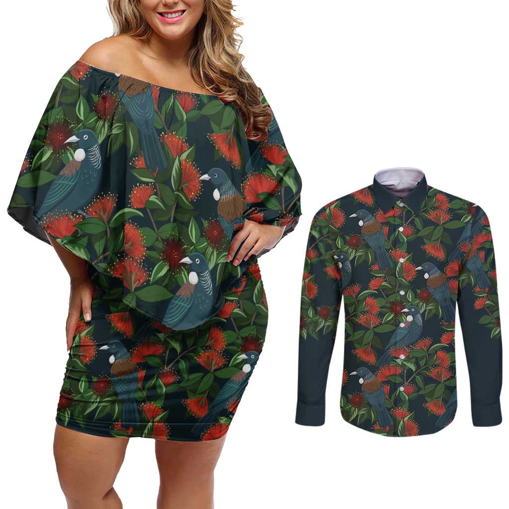 New Zealand Christmas Couples Matching Off Shoulder Short Dress and Long Sleeve Button Shirt Romantic Tui Birds on Pohutukawa - Cobalt LT7 Cobalt - Polynesian Pride
