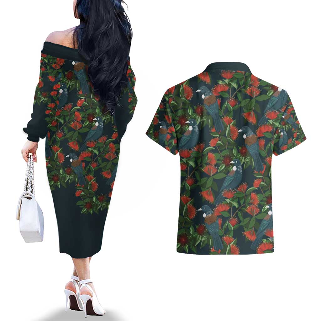 New Zealand Christmas Couples Matching Off The Shoulder Long Sleeve Dress and Hawaiian Shirt Romantic Tui Birds on Pohutukawa - Cobalt LT7 - Polynesian Pride