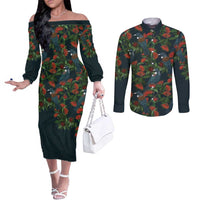 New Zealand Christmas Couples Matching Off The Shoulder Long Sleeve Dress and Long Sleeve Button Shirt Romantic Tui Birds on Pohutukawa - Cobalt LT7 Cobalt - Polynesian Pride