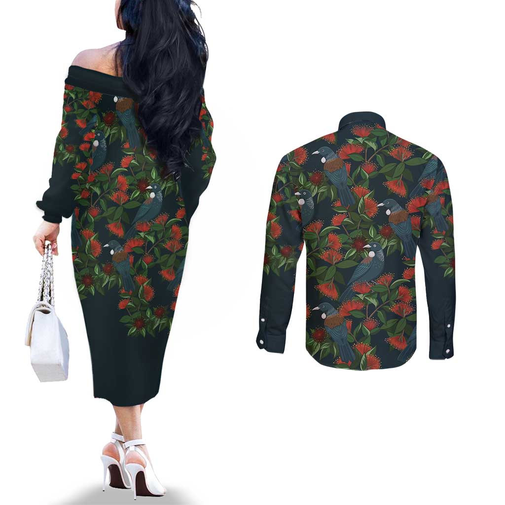 New Zealand Christmas Couples Matching Off The Shoulder Long Sleeve Dress and Long Sleeve Button Shirt Romantic Tui Birds on Pohutukawa - Cobalt LT7 - Polynesian Pride