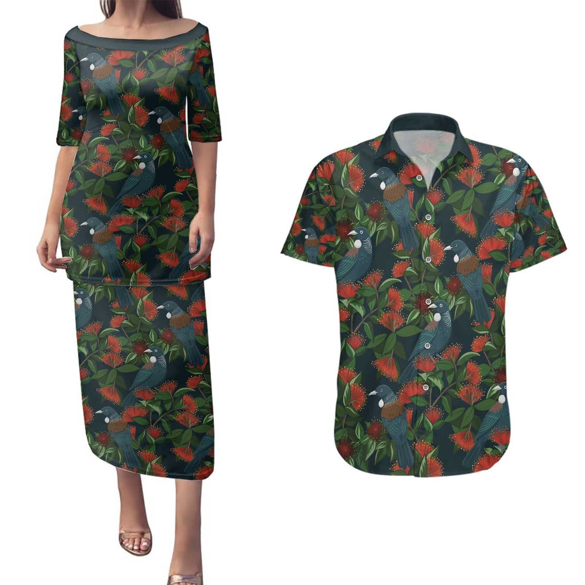 New Zealand Christmas Couples Matching Puletasi and Hawaiian Shirt Romantic Tui Birds on Pohutukawa - Cobalt LT7 Cobalt - Polynesian Pride
