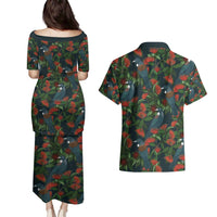 New Zealand Christmas Couples Matching Puletasi and Hawaiian Shirt Romantic Tui Birds on Pohutukawa - Cobalt LT7 - Polynesian Pride