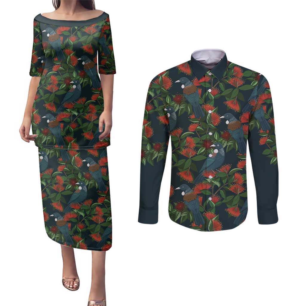 New Zealand Christmas Couples Matching Puletasi and Long Sleeve Button Shirt Romantic Tui Birds on Pohutukawa - Cobalt LT7 Cobalt - Polynesian Pride