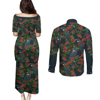 New Zealand Christmas Couples Matching Puletasi and Long Sleeve Button Shirt Romantic Tui Birds on Pohutukawa - Cobalt LT7 - Polynesian Pride