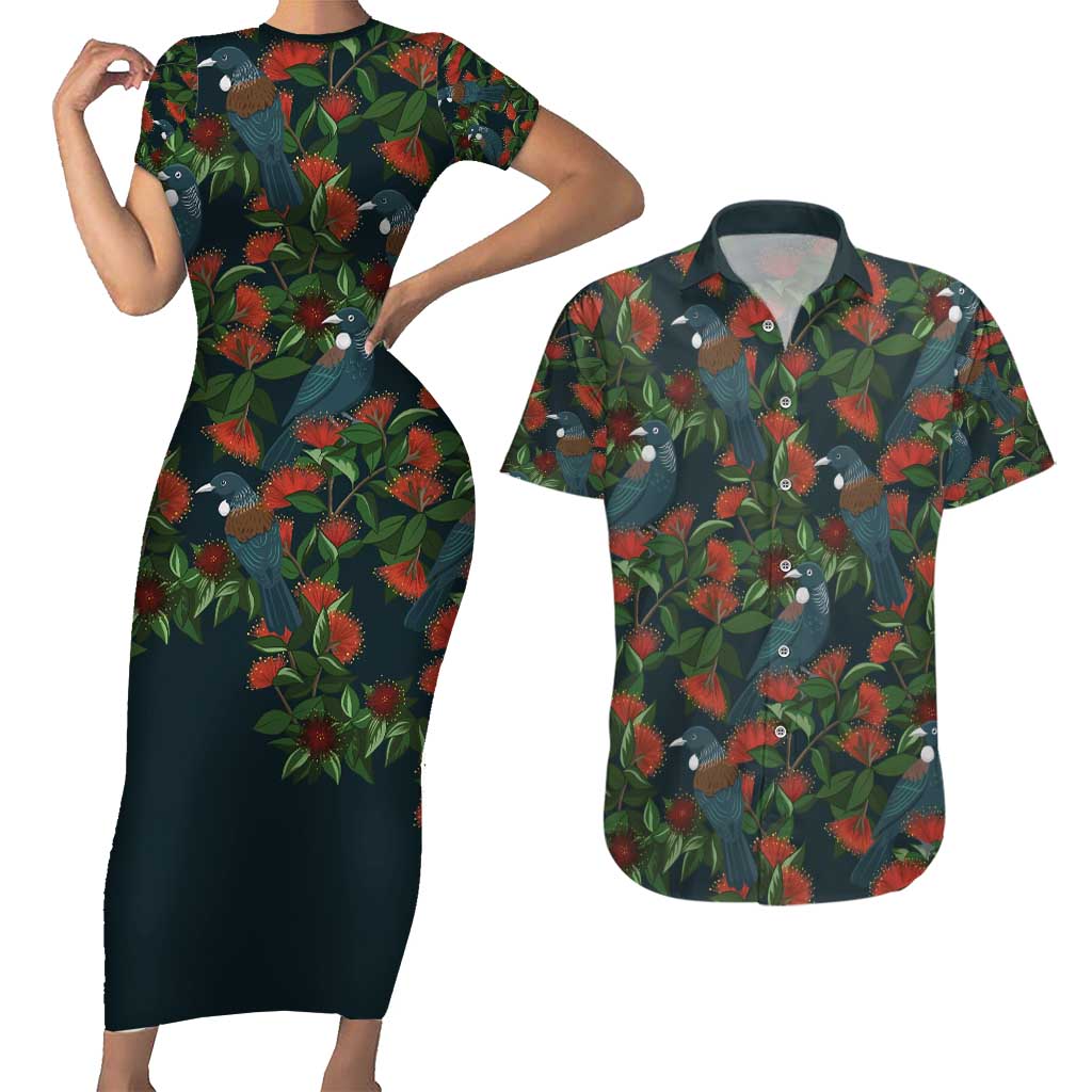 New Zealand Christmas Couples Matching Short Sleeve Bodycon Dress and Hawaiian Shirt Romantic Tui Birds on Pohutukawa - Cobalt LT7 Cobalt - Polynesian Pride