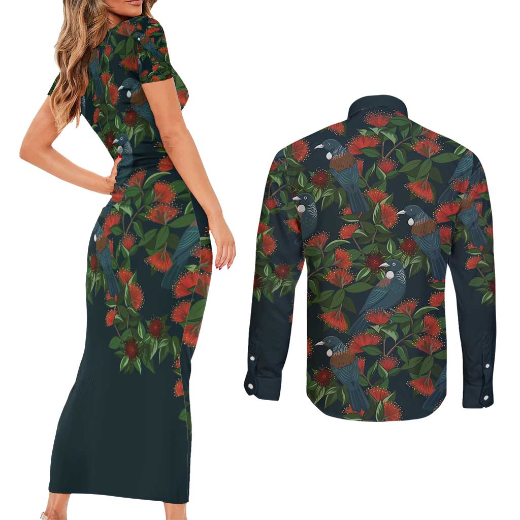 New Zealand Christmas Couples Matching Short Sleeve Bodycon Dress and Long Sleeve Button Shirt Romantic Tui Birds on Pohutukawa - Cobalt LT7 - Polynesian Pride