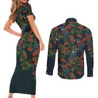 New Zealand Christmas Couples Matching Short Sleeve Bodycon Dress and Long Sleeve Button Shirt Romantic Tui Birds on Pohutukawa - Cobalt LT7 - Polynesian Pride