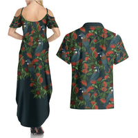 New Zealand Christmas Couples Matching Summer Maxi Dress and Hawaiian Shirt Romantic Tui Birds on Pohutukawa - Cobalt LT7 - Polynesian Pride
