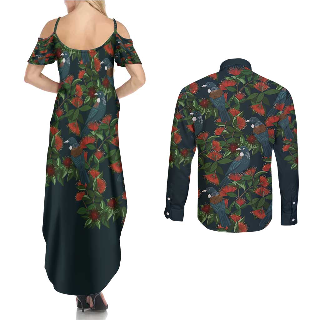 New Zealand Christmas Couples Matching Summer Maxi Dress and Long Sleeve Button Shirt Romantic Tui Birds on Pohutukawa - Cobalt LT7 - Polynesian Pride