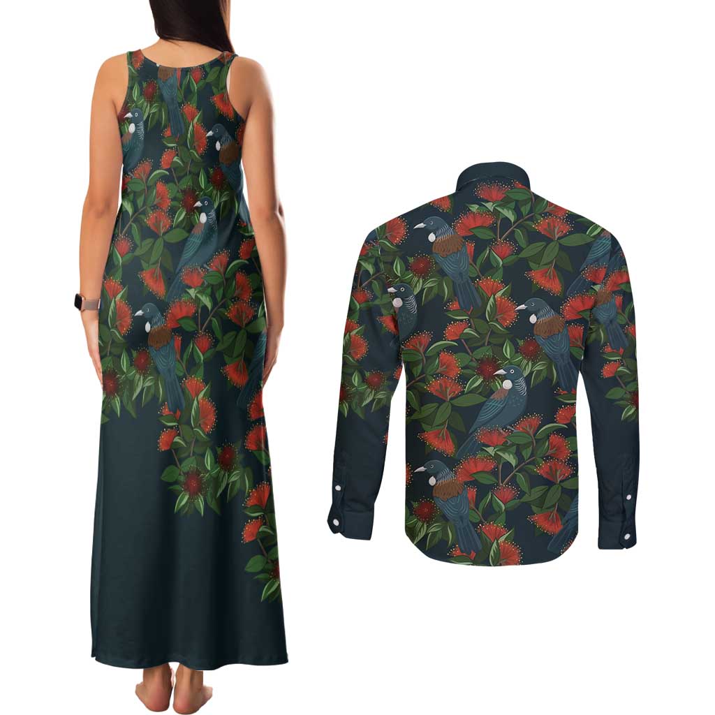 New Zealand Christmas Couples Matching Tank Maxi Dress and Long Sleeve Button Shirt Romantic Tui Birds on Pohutukawa - Cobalt LT7 - Polynesian Pride