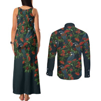 New Zealand Christmas Couples Matching Tank Maxi Dress and Long Sleeve Button Shirt Romantic Tui Birds on Pohutukawa - Cobalt LT7 - Polynesian Pride