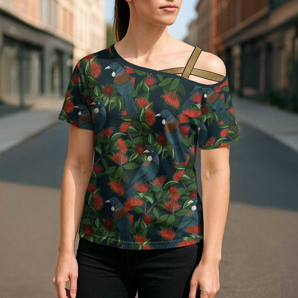 New Zealand Christmas Cross Shoulder Shirt Romantic Tui Birds on Pohutukawa - Cobalt - Polynesian Pride