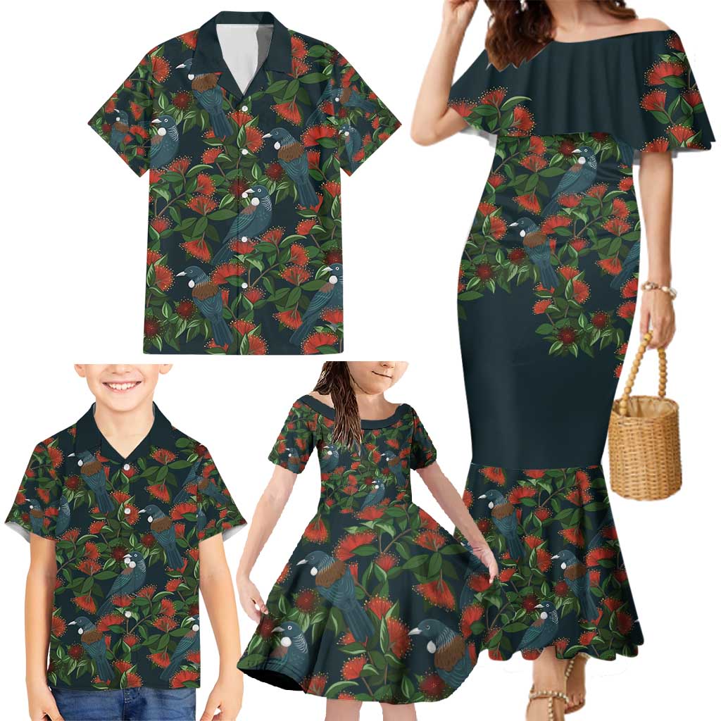 New Zealand Christmas Family Matching Mermaid Dress and Hawaiian Shirt Romantic Tui Birds on Pohutukawa - Cobalt LT7 - Polynesian Pride