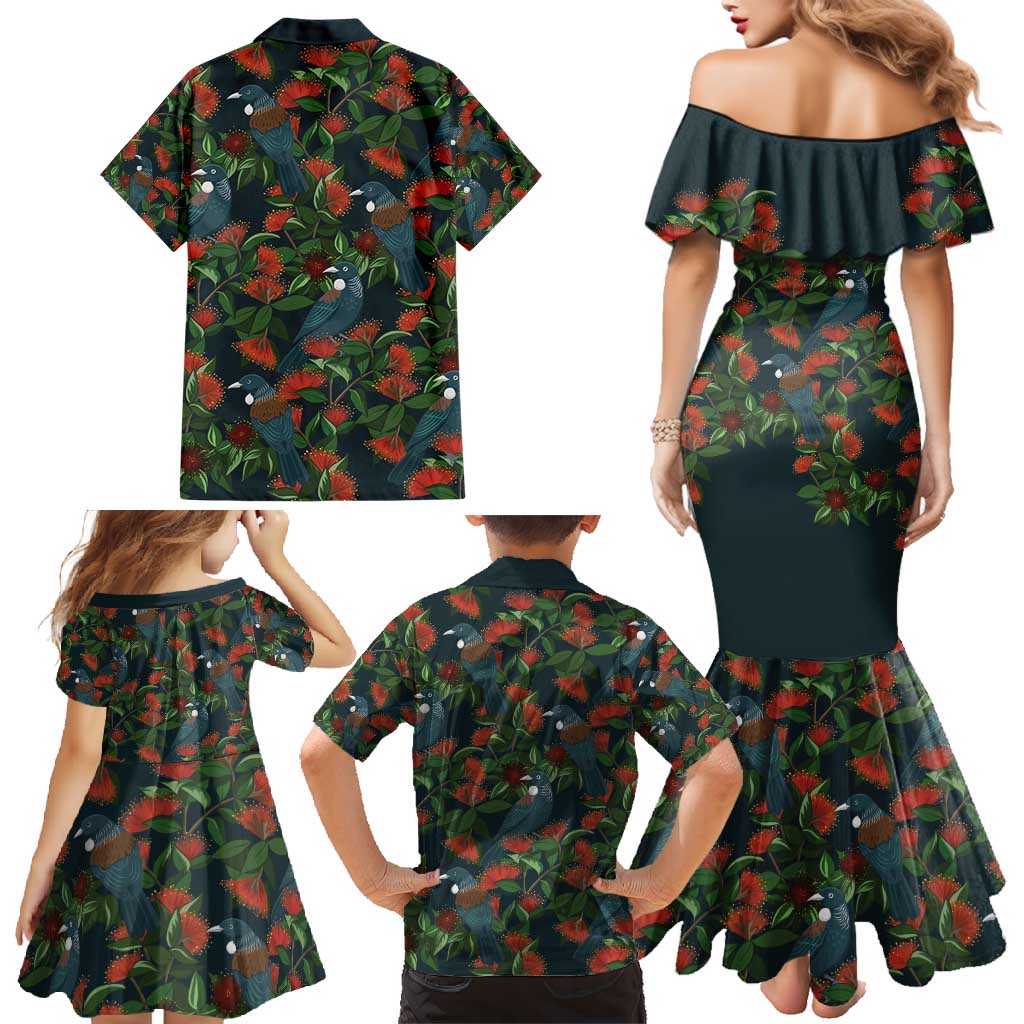 New Zealand Christmas Family Matching Mermaid Dress and Hawaiian Shirt Romantic Tui Birds on Pohutukawa - Cobalt LT7 - Polynesian Pride
