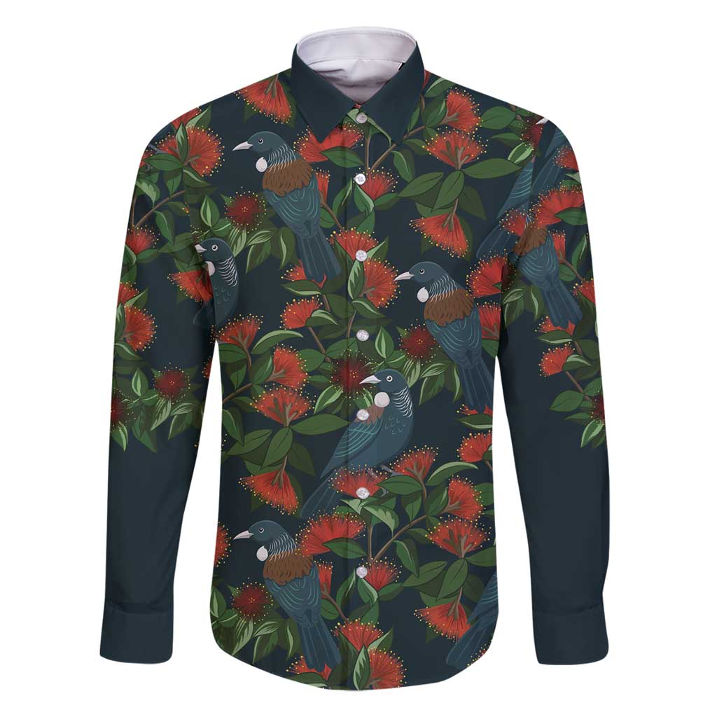 New Zealand Christmas Family Matching Mermaid Dress and Hawaiian Shirt Romantic Tui Birds on Pohutukawa - Cobalt LT7 Dad's Shirt - Long Sleeve Cobalt - Polynesian Pride