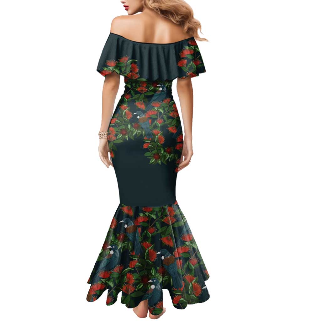 New Zealand Christmas Family Matching Mermaid Dress and Hawaiian Shirt Romantic Tui Birds on Pohutukawa - Cobalt LT7 - Polynesian Pride