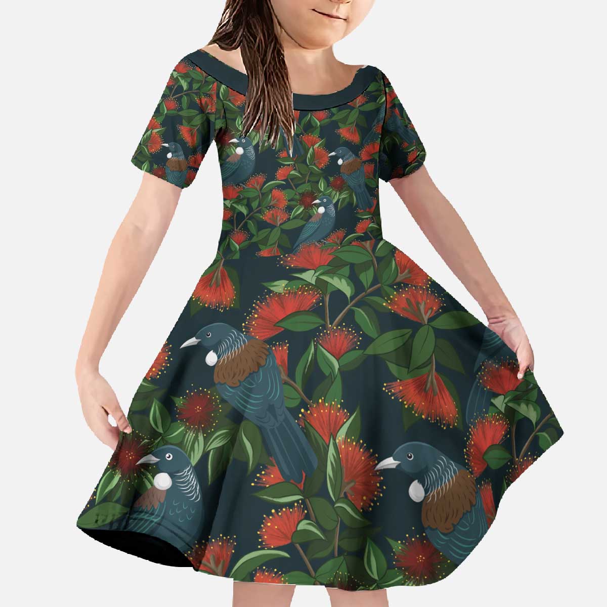 New Zealand Christmas Family Matching Off The Shoulder Long Sleeve Dress and Hawaiian Shirt Romantic Tui Birds on Pohutukawa - Cobalt LT7 Daughter's Dress Cobalt - Polynesian Pride