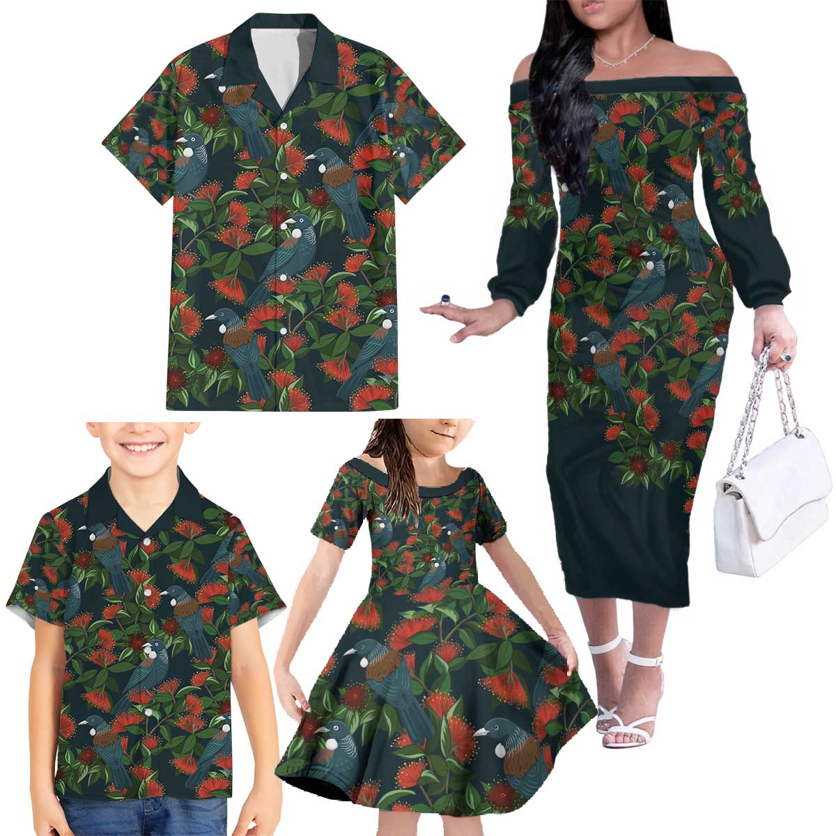 New Zealand Christmas Family Matching Off The Shoulder Long Sleeve Dress and Hawaiian Shirt Romantic Tui Birds on Pohutukawa - Cobalt LT7 - Polynesian Pride