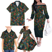 New Zealand Christmas Family Matching Off The Shoulder Long Sleeve Dress and Hawaiian Shirt Romantic Tui Birds on Pohutukawa - Cobalt LT7 - Polynesian Pride