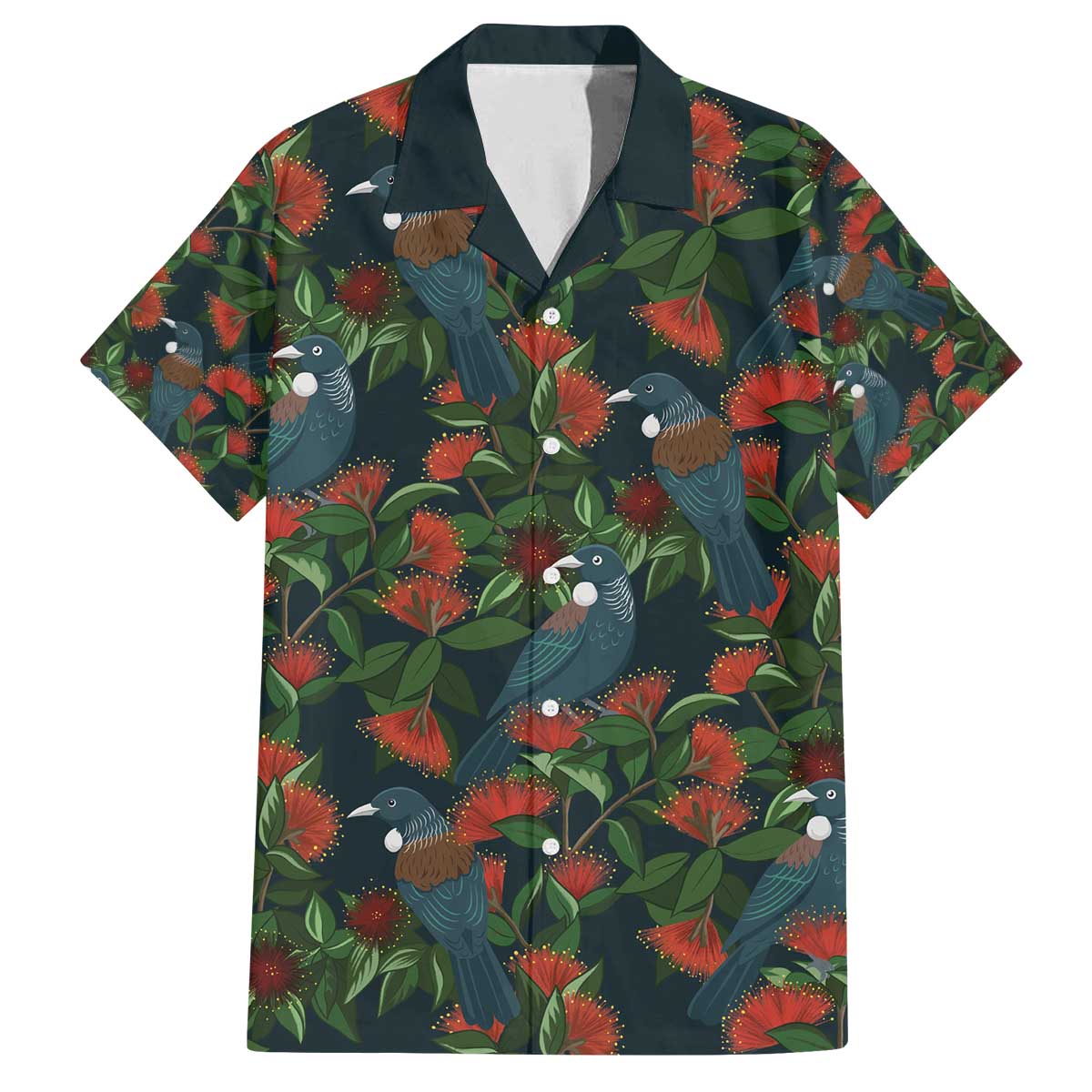 New Zealand Christmas Family Matching Off The Shoulder Long Sleeve Dress and Hawaiian Shirt Romantic Tui Birds on Pohutukawa - Cobalt LT7 Dad's Shirt - Short Sleeve Cobalt - Polynesian Pride