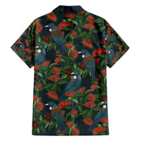 New Zealand Christmas Family Matching Off The Shoulder Long Sleeve Dress and Hawaiian Shirt Romantic Tui Birds on Pohutukawa - Cobalt LT7 - Polynesian Pride