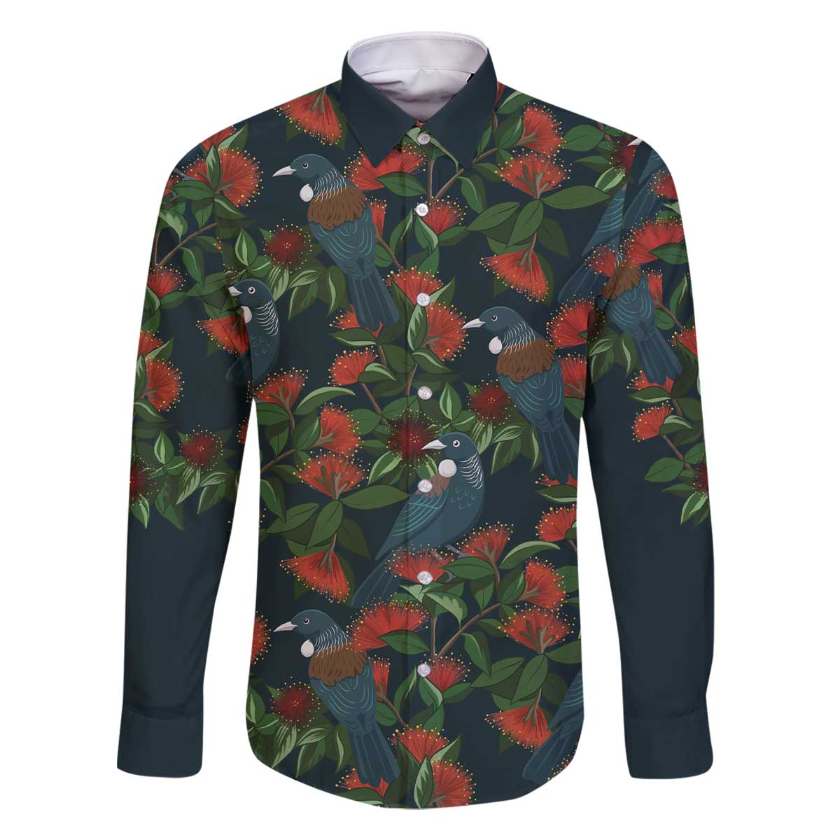 New Zealand Christmas Family Matching Off The Shoulder Long Sleeve Dress and Hawaiian Shirt Romantic Tui Birds on Pohutukawa - Cobalt LT7 Dad's Shirt - Long Sleeve Cobalt - Polynesian Pride