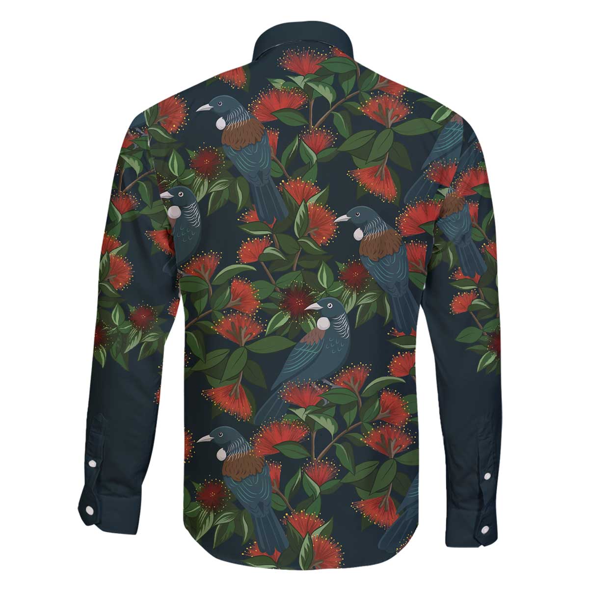 New Zealand Christmas Family Matching Off The Shoulder Long Sleeve Dress and Hawaiian Shirt Romantic Tui Birds on Pohutukawa - Cobalt LT7 - Polynesian Pride