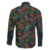 New Zealand Christmas Family Matching Off The Shoulder Long Sleeve Dress and Hawaiian Shirt Romantic Tui Birds on Pohutukawa - Cobalt LT7 - Polynesian Pride