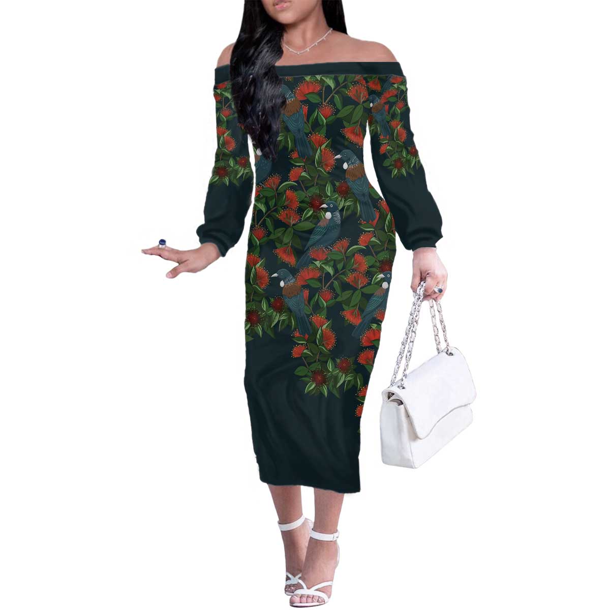 New Zealand Christmas Family Matching Off The Shoulder Long Sleeve Dress and Hawaiian Shirt Romantic Tui Birds on Pohutukawa - Cobalt LT7 Mom's Dress Cobalt - Polynesian Pride