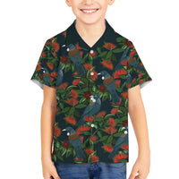 New Zealand Christmas Family Matching Off The Shoulder Long Sleeve Dress and Hawaiian Shirt Romantic Tui Birds on Pohutukawa - Cobalt LT7 Son's Shirt Cobalt - Polynesian Pride