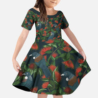New Zealand Christmas Family Matching Off Shoulder Maxi Dress and Hawaiian Shirt Romantic Tui Birds on Pohutukawa - Cobalt LT7 Daughter's Dress Cobalt - Polynesian Pride